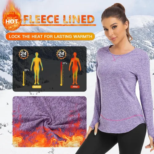 Vista 2 de Soneven Camisas de entrenamiento de manga larga de forro polar térmico para mujer, cuello redondo, ajuste holgado
