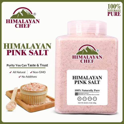 Vista 3 de Himalayan Chef Sal rosa, grano fino, 80 onzas (5 libras), sin OMG, 84 minerales, tarro de plástico
