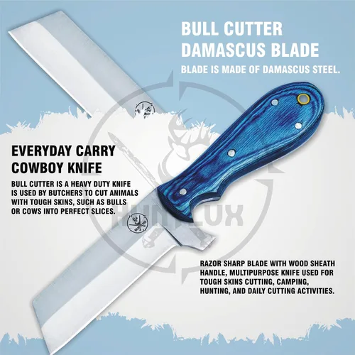 Vista 2 de Cuchillo cortador de toros de acero inoxidable de 8 pulgadas con funda para cinturón, cuchillo vaquero de espiga completa con mango de madera, hoja