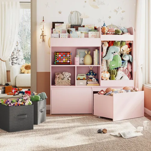 Vista 5 de Soporte para animales de peluche, estantería para niños con tapete de juego, almacenamiento de juguetes de madera con 2 cajones móviles y estantería