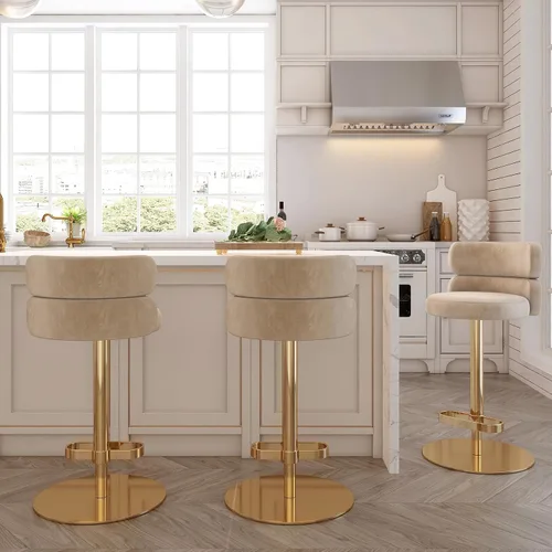 Vista 21 de Taburetes de bar de terciopelo modernos giratorios de altura ajustable para encimera de cocina, taburetes de bar con reposapiés para sala de estar