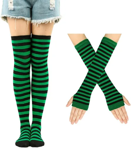 Vista 3 de Benefeet Sox Conjunto de calcetines altos hasta el muslo a rayas arcoíris para mujer, calentadores de brazos, guantes sin dedos, disfraz