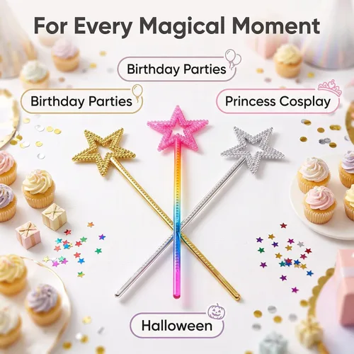 Vista 9 de Varitas de estrella de 3 piezas de varita de princesa de hadas para niñas, disfraz de fiesta de cumpleaños