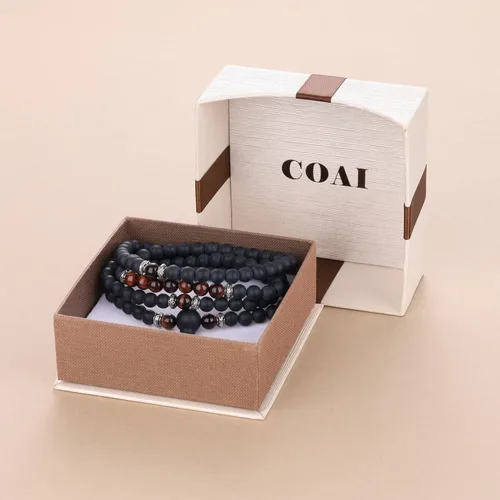 Vista 7 de COAI Collar tibetano con 108 cuentas de mala, ojo de tigre rojo, piedra de ónix mate, Piedra, Ónix