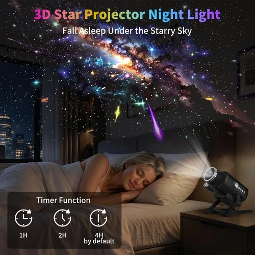Vista 11 de FlyLily Proyector de galaxia 3D, proyector dinámico de estrellas con ruido blanco y altavoz Bluetooth, proyector de luz nocturna de 60 escenas