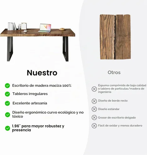 Vista 5 de Escritorio de madera maciza de 55 pulgadas, escritorio de computadora para oficina en casa, escritorio rústico de madera, escritorio de metal Marrón