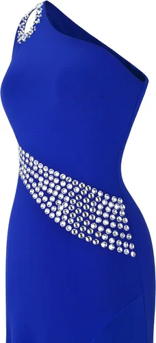 Vista 5 de Angel-fashions - Vestidos de graduación, diseño de un hombro con agujero, diamantes de imitación y abertura en la pierna