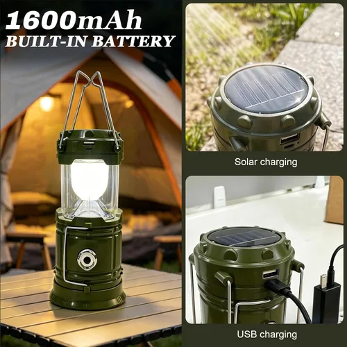 Vista 5 de DIBMS Linterna solar para camping, linterna LED plegable luces de emergencia (moderno, verde militar) LED Solar USB Rechargeable Lamp Tent Hanging
