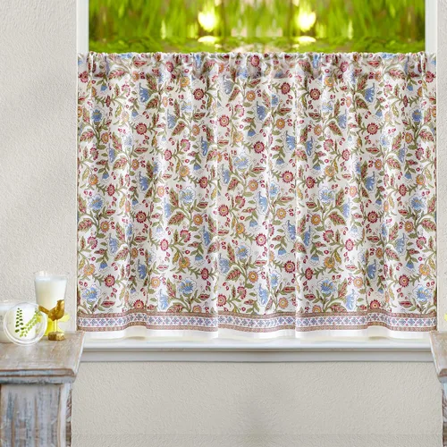 Vista 12 de Cortinas de algodón de media cocina para ventanas pequeñas, baño y café, estampado a mano en bloque, velo de novia blanco, diseño bohemio moderno