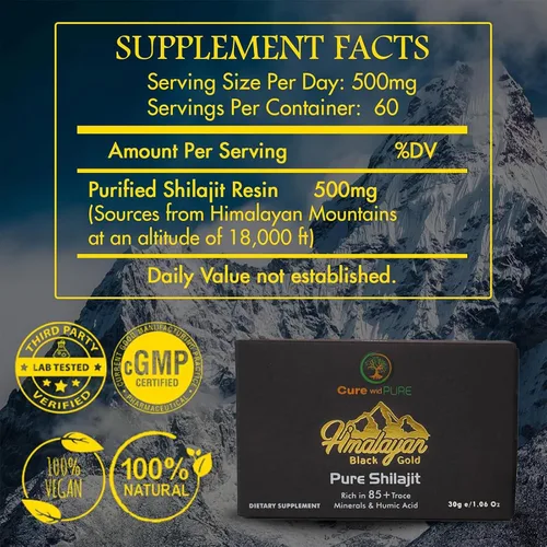 Vista 5 de Cure wid Pure Shilajit del Himalaya para hombres y mujeres – 94.5% de resina de ácido fúlvico, 500 mg 60 porciones – Adaptógeno orgánico probado