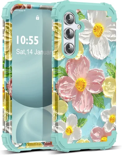 Vista 32 de Funda para Galaxy A14 5G Case, Patrón Floral 3 en 1 Protección Resistente de Servicio Pesado a Prueba de Golpes Parachoques de Goma de Silicona