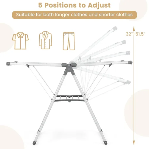 Vista 6 de Tangkula Estante de secado de ropa plegable, estante de secado de aluminio de 2 capas que ahorra espacio con alas ajustables, estante de secado
