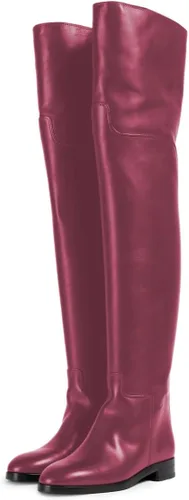 Vista 8 de YDN Botas planas de pantorrilla ancha para mujer, con puntera redonda, por encima de la rodilla, con tacón bajo, botas altas hasta el muslo, zapatos