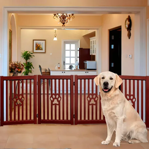 Vista 4 de Puerta para perros de 4 paneles – Caoba – Puerta plegable de madera independiente para mascotas, 80 pulgadas de largo x 23.6 pulgadas de alto
