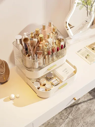 Vista 4 de Organizador de maquillaje giratorio de 360° con cajón, exhibición de almacenamiento de cosméticos de acrílico transparente, contador de belleza
