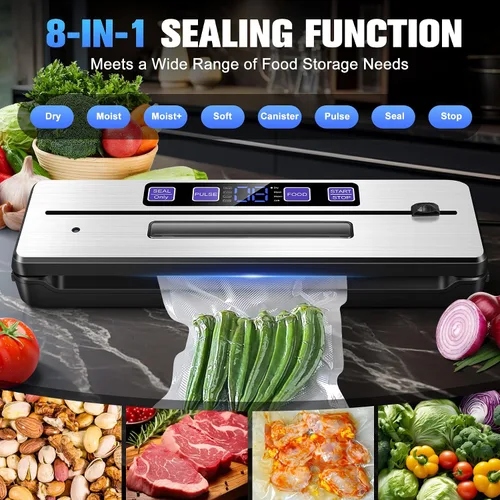 Vista 2 de KingSom Máquina selladora al vacío, selladores al vacío de alimentos 8 en 1 con temporizador digital, sellador al vacío compacto 80KPA