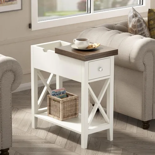 Vista 12 de ChooChoo Mesa auxiliar, mesa auxiliar estrecha abatible con estación de carga Narrow Side Table with USB Ports and Outlets, Nightstand with