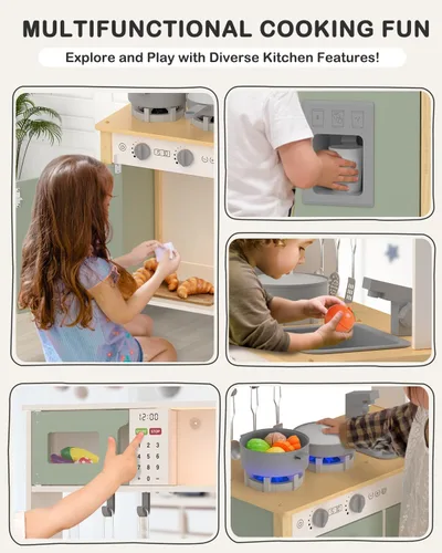 Vista 5 de Babytronic Cocina de juego para niños, juego de cocina de madera para niños a partir de 3 años con luces reales, sonidos, estufa, fregadero, horno