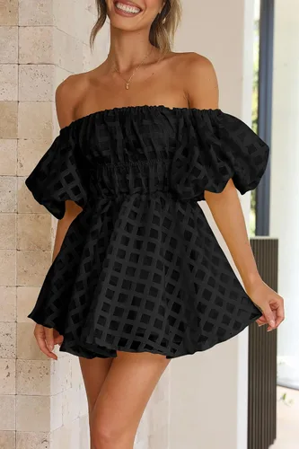 Vista 7 de PRETTYGARDEN Vestido babydoll con hombros descubiertos para mujer, manga corta abombada, casual, acampanado, con volantes, vestidos de verano