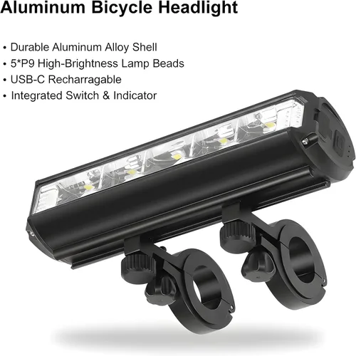 Vista 5 de Energlow - Luz de bicicleta de 2500 lúmenes Faro de bicicleta recargable USB-C de 5 LED IPX4 impermeable, 5 modos con doble haz blanco