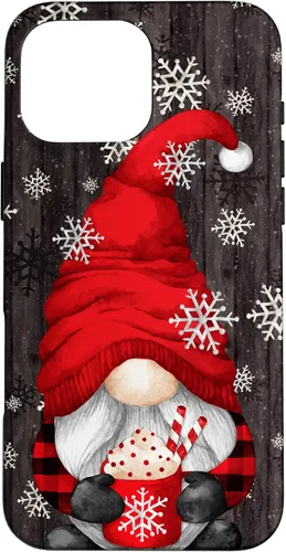 Vista 18 de iPhone 14 Pro Gnomo de Navidad rojo para mujeres con taza de cacao caliente lindo estuche de Navidad