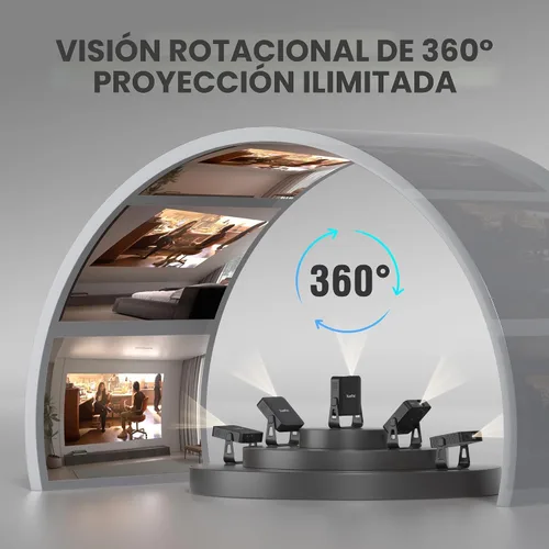 Vista 2 de [Aplicación con licencia oficial y enfoque automático] Mini proyector inteligente negro con WiFi y Bluetooth, proyector de película compatible