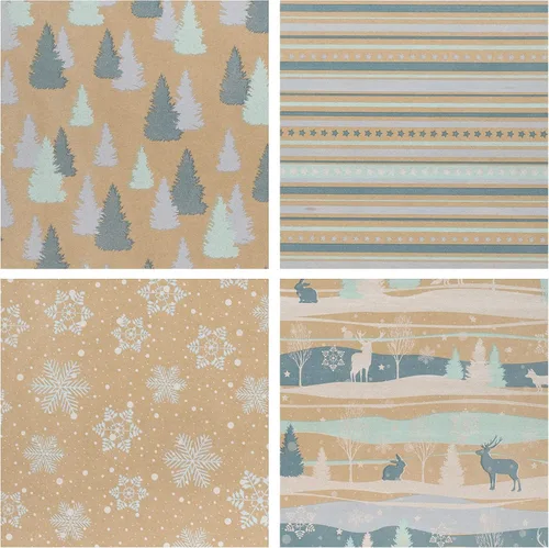 Vista 6 de RUSPEPA Papel de regalo de Navidad, papel kraft – reno, rayas y copos de nieve en diseño azul – 4 rollos – 30 pulgadas x 10 pies por rollo