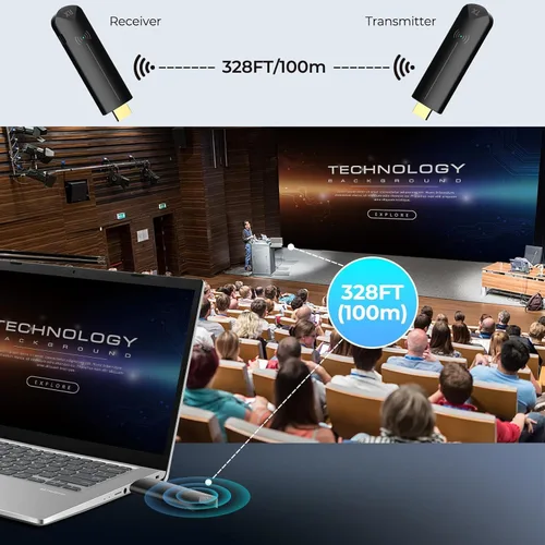 Vista 2 de Transmisor y receptor HDMI inalámbrico, 328 pies/328.1 ft, Plug & Play, 5G + 2.4G, 4K decodificación 1080P, kit extensor HDMI inalámbrico portátil