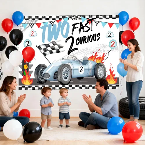 Vista 3 de Dos decoraciones de cumpleaños rápidas, fondo de fotos de auto de carreras para niños, decoración de segundo cumpleaños para niños, auto rojo, fondo