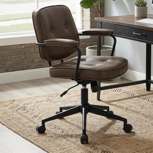 Vista 12 de LukeAlon Silla de escritorio ajustable de piel sintética, silla giratoria de 360° negra con reposabrazos, asiento grueso, botones y ruedas