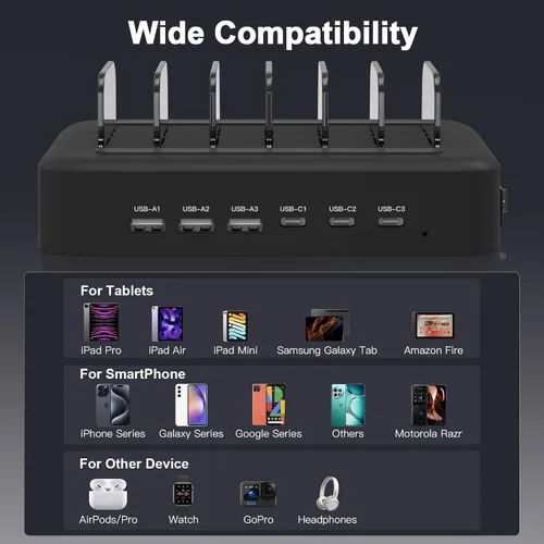 Vista 4 de MSTJRY Estación de carga rápida USB C de 90 W y 6 puertos para múltiples dispositivos, estación de carga PD múltiple para iPhone, iPad, tableta
