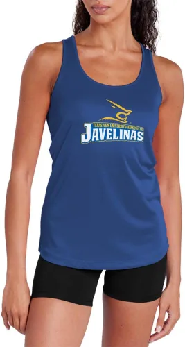 Vista 28 de Camiseta deportiva sin mangas oficial de NCAA Collegiate para mujer, con espalda cruzada, colección con logotipo primario