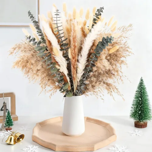 Vista 8 de 110 piezas de decoración de hierba seca de las pampas, pompas secas naturalmente, colas de conejo secas, flores secas con eucalipto seco, decoración
