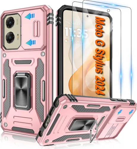 Vista 13 de Atump Funda para Motorola Moto G Play 2024 (4G) con [paquete de 2] protector de pantalla HD y cubierta para cámara deslizante, soporte de anillo