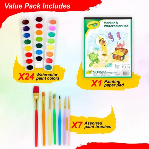 Vista 2 de Juego de pintura de acuarela – 24 pinturas de acuarela, 50 hojas de papel de color de agua, 7 pinceles para niños – Juego completo de suministros