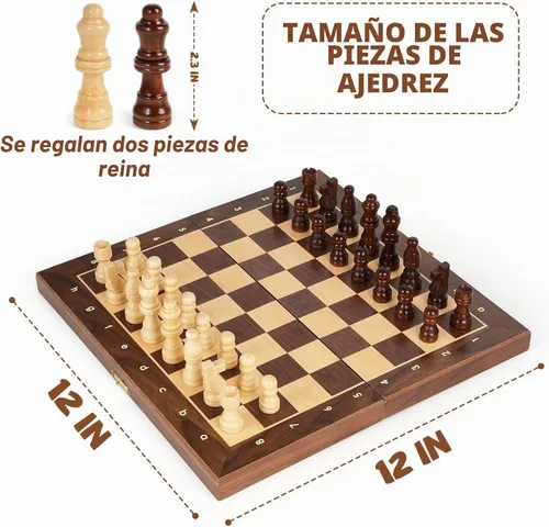Vista 6 de Juego de ajedrez magnético de viaje de 12 pulgadas, tablero de ajedrez magnético de madera con 2 reinas extra, tablero de ajedrez plegable