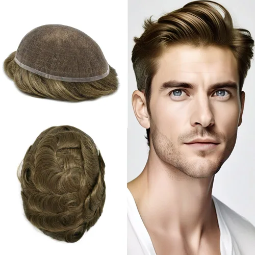 Vista 31 de Peluca de cabello humano con encaje completo, línea capilar real, para hombre, peluca de cabello con nudo blanqueado, pieza de pelo para hombres