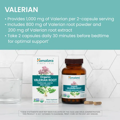 Vista 3 de Himalaya Raíz de valeriana orgánica, apoyo a base de hierbas para la relajación tranquila, USDA orgánico, sin OMG, vegano, sin gluten, 1,000 mg, 60