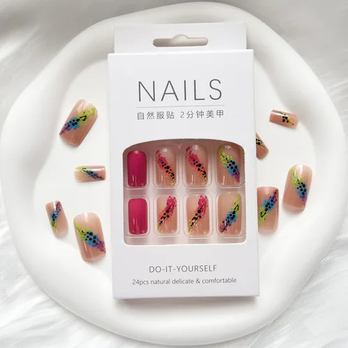 Vista 5 de 24 piezas de uñas postizas medianas cuadradas de ataúd, uñas postizas de cobertura completa, uñas postizas brillantes con diseños, uñas acrílicas
