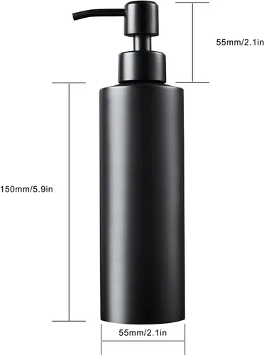 Vista 3 de Dispensador de jabón, negro mate con embudo y posavasos antideslizante, acero inoxidable 304, botella desinfectante de manos para baño y cocina