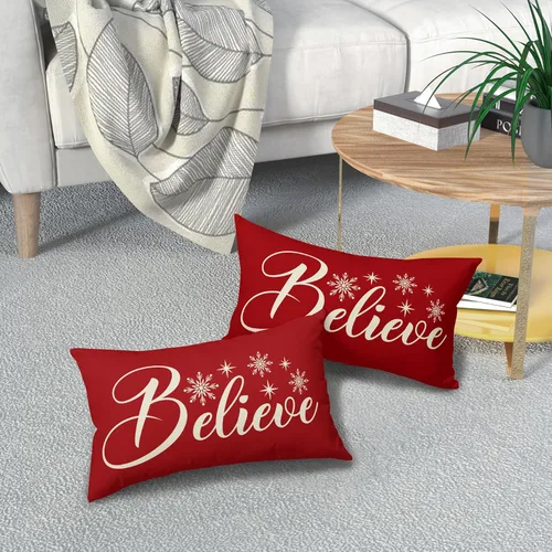 Vista 7 de Believe - Juego de 2 fundas de almohada lumbares de Navidad rojas rectangulares con copos de nieve para sofá, fundas de almohada de vacaciones