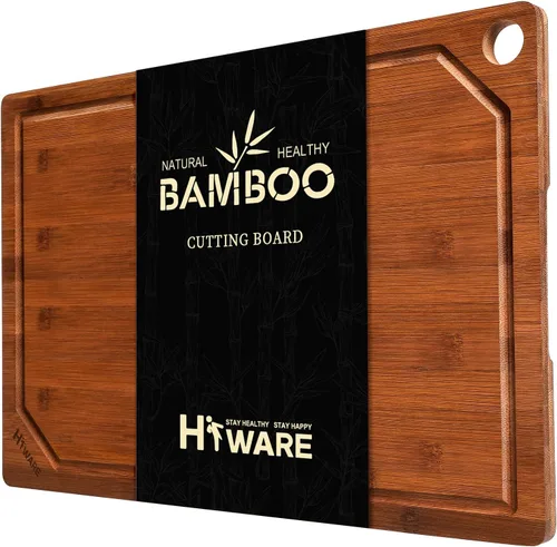 Vista 14 de HIWARE Juego de 4 Piezas de Tablas de Cortar Extra Grandes de Madera - Tablas de Cortar de Bambú para Preparación de Comidas y Servicio