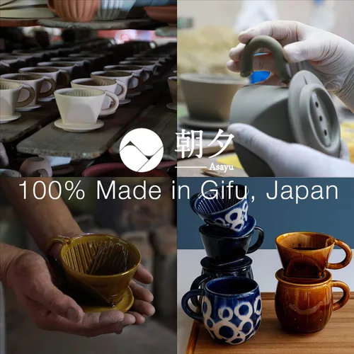 Vista 6 de Asayu Japan Juego de cafetera de cerámica para verter café en color azul océano, soporte de filtro de papel de preparación lenta y gotero con 3