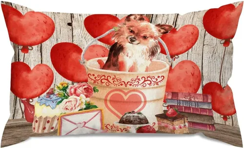 Vista 66 de Fundas de almohada lumbar con textura de madera rústica para perro en cubo, diseño de corazón rojo para el día de San Valentín, fundas de almohada