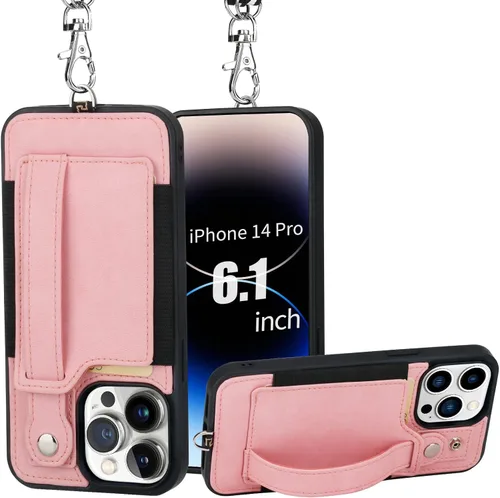 Vista 12 de TOOVREN Funda para teléfono compatible con iPhone 14 Plus, compatible con iPhone 14 Plus, funda con correa para tarjetero, cordón de cuero para Negro