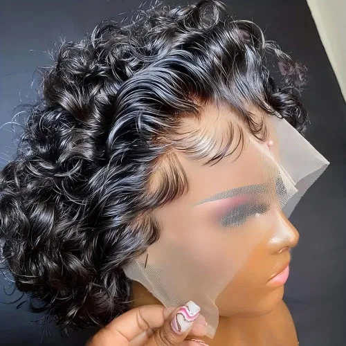 Vista 3 de Pelucas de corte Pixie, pelucas rizadas con encaje frontal para mujeres negras, pelucas de cabello humano corto, pelucas de cabello humano