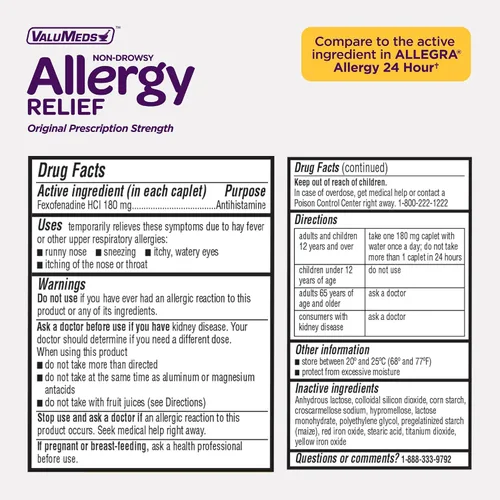 Vista 7 de ValuMeds alivio de alergia de 24 horas fexofenadina clorhidrato 180 mg medicamento genérico antihistamínico sin somnolencia para alergias, fiebre