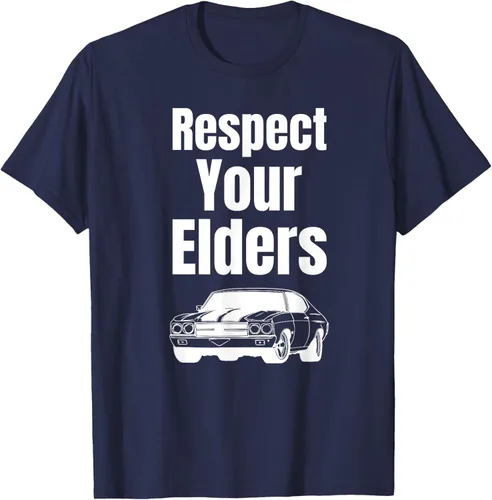 Vista 45 de Divertido regalo de auto para chicos – Respect Your Elders Classic Muscle Car Camiseta, Negro, S