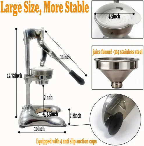 Vista 7 de Exprimidor manual de cítricos 2 en 1 de aluminio fundido, mejorado de hierro, cono de embudo en acero inoxidable 304, alto 17.72 pulgadas, máquina