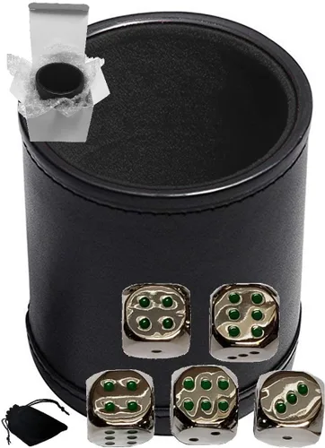 Vista 11 de Cyber-Deals Juego de dados de piel sintética negra con forro de fieltro negro de felpa + dados de metal de aleación de zinc de 0.630 pulgadas, caja